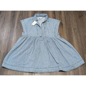 Mable Denim Dress Babydoll Mini Shirt Collar‎ Sleeveless Light Wash L